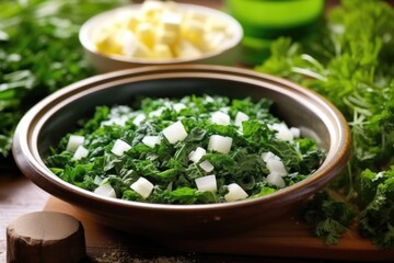 Poster - spreading fresh herbs on top of a bowl of zuppa toscana