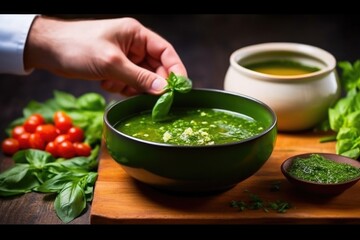 Wall Mural - hand dipping fresh basil leave into a bowl of minestrone soup