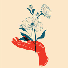 Wall Mural - Flowers in hands. Vector illustration in a minimalist style  with Riso print effect. Design element for advertising, posters, prints for clothing, banners, covers