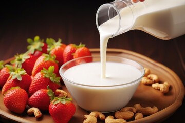 Sticker - pouring cashew milk onto freshly cut fruit