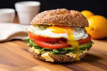 Wall Mural - a bagel sandwich with egg, lettuce and tomatoes