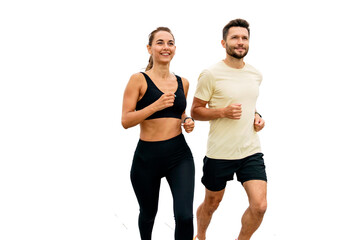 The trainer and the client conduct a fitness class together. A man and a woman running together train fitness exercises by jogging. A young couple leads a healthy and active lifestyle.