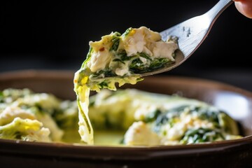 Wall Mural - spoon dropping spinach and feta filling into chicken cavity