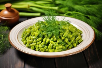 Wall Mural - steamed beans with fresh dill on plate