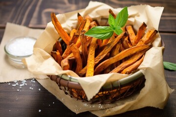 Wall Mural - sweet potato fries on a parchment paper in a rustic basket