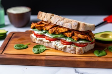 Poster - overhead shot of a tempeh sandwich on a board