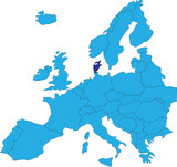 Fototapeta  - Dark blue CMYK national map of DENMARK inside simplified blue blank political map of European continent on transparent background using Peters projection
