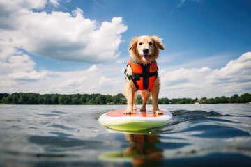 Wall Mural - a dog in a life vest on a paddleboard on lake