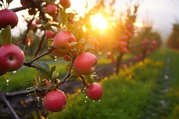 Sticker - an array of dew-covered apples in an orchard at sunrise