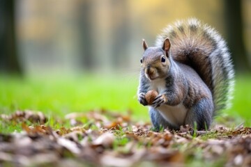 Poster - a grey squirrel nibbling a nut in a park