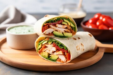 Canvas Print - turkey and avocado wrap with spreading sauce on a saucer