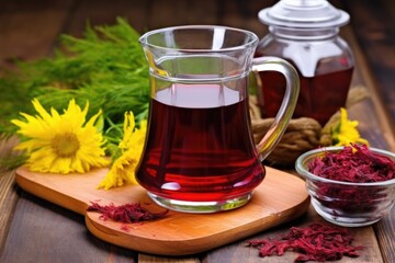 Canvas Print - hand beetroot on a chopping board, glass jug of kvass nearby