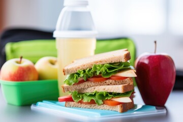 Sticker - close-up of packed school lunch with an apple, sandwich, and juice box