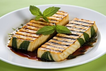 Poster - grilled tofu steaks with a solitary basil leaf on top