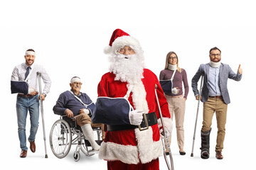 Sticker - Santa claus with injured arm leaning on a crutch in front of other people with injuries