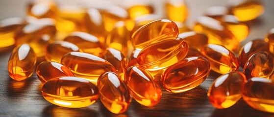 Fish oil omega 3 gel capsules on wooden table. Closeup. Health Care. Healthy food concept. Omega 3. Isolated on a background with a copy space.