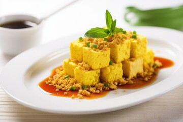 Sticker - scrambled tofu being served on white dish