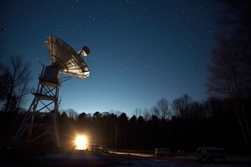a satellite dish array under star-lit night sky