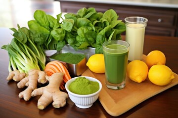 Poster - fresh ingredients for a green juice smoothie arranged on a table