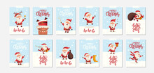Set Of Christmas Greeting Cards With Cute Funny Xmas Santa Clauses With Different Poses, Emotions, New Year Winter Holiday With Lettering. Christmas Poster Vector Illustration In Flat Cartoon Style