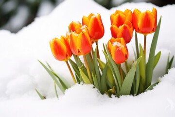 Canvas Print - a cluster of bright tulips emerging from snowy ground in spring