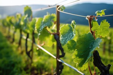 Sticker - a vineyard covered in early morning spring dew