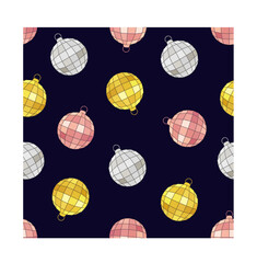 Wall Mural - christmas disco balls seamless pattern on dark background. vector design.