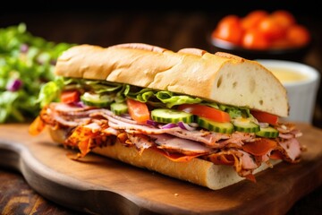 Poster - a generous sub sandwich loaded with veggies and meats