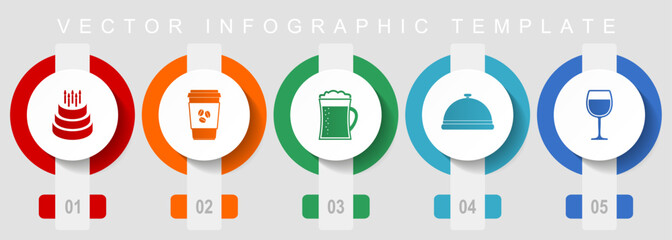 Aufkleber - Food and drinks flat design icon set, miscellaneous icons such as birthday cake, coffe, beer and drink, vector infographic template, web buttons collection