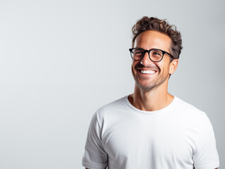 Wall Mural - Portrait of a handsome smiling man of Caucasian appearance in a white T-shirt on a light background. Place for text.