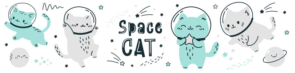 Wall Mural - Scandinavian style vector set. Cats in spacesuits flying in space. Space cat inscription. Stars and planets . Vector illustration