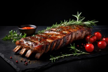 Wall Mural - Grilled pork ribs with rosemary and tomatoes on a black background, grilled ribs with herbs and spices on Black background, copy space, AI Generated