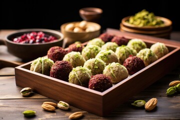 Wall Mural - raw vegan laddus arranged in a wooden tray, garnished with pistachios