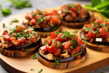 Wall Mural - bruschetta topped with roasted eggplant and parsley garnish
