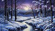 Romantic nocturnal winter landscape, Acrylic painting and illustration. 