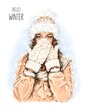Beautiful young woman in knit hat. Stylish winter look. Pretty girl wearing winter gloves. Christmas concept. Fashion illustration 