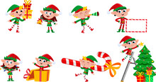 Christmas Elf Cartoon Characters. Vector Flat Design Collection Set Isolated On Transparent Background