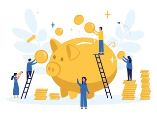 Wall Mural - Business concept. People put coins together into a big piggy bank.Flat style.Teamwork. Businessmen work together and move towards success.Financial services, small banks are engaged in hoarding money.