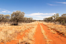 A Red Dirt Track Disappearing Off Into The Distance In Semi Arid Outback Country In Currawinya National Park In Queensland, Australia.
