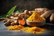 Aromatic turmeric powder and raw roots. Medical fresh flavor herbal food. Generate Ai