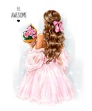 Fototapeta Miasta - Fashion woman in pink tulle dress. Brunette hair girl holding flowers. Back view. Fashion illustration 