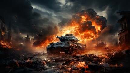 tank on war zone fire and smoke in the desert background