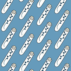 Cute doodle illustration in flat style, seamless pattern of test tube with dried herbs on blue background, fortune telling. Witch items, witchcraft.