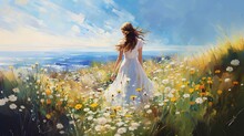 A Girl Standing By The Sea In A Meadow With Flowers. Oil Painting In The Style Of Impressionism.