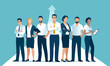 Success. Experts. Team of seven people standing in front of the rising path. Business flat vector illustration.
