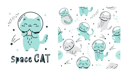 Wall Mural - Vector set for printing on children's products. Seamless pattern and print for printing. Cats in spacesuits flying in space. Space cat inscription. Vector illustration