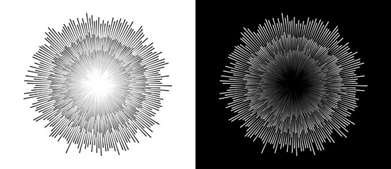 Leinwandbilder - Abstract background with burning lines in cicrle. Design element or icon. Black shape on a white background and the same white shape on the black side.