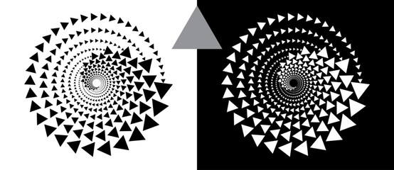 Abstract background with triangles in circle. Art design spiral as logo or icon. A black figure on a white background and an equally white figure on the black side.