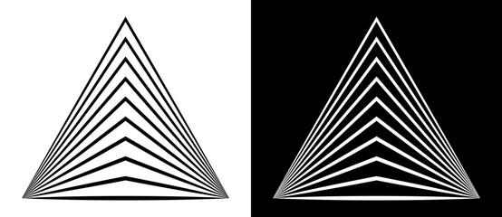 Wall Mural - Art lines design element. Striped triangle as logo or icon. Black shape on a white background and the same white shape on the black side.