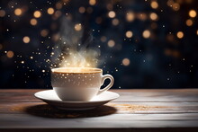 A Cup Of Hot Drink With Steam Against Golden Bokeh Background
